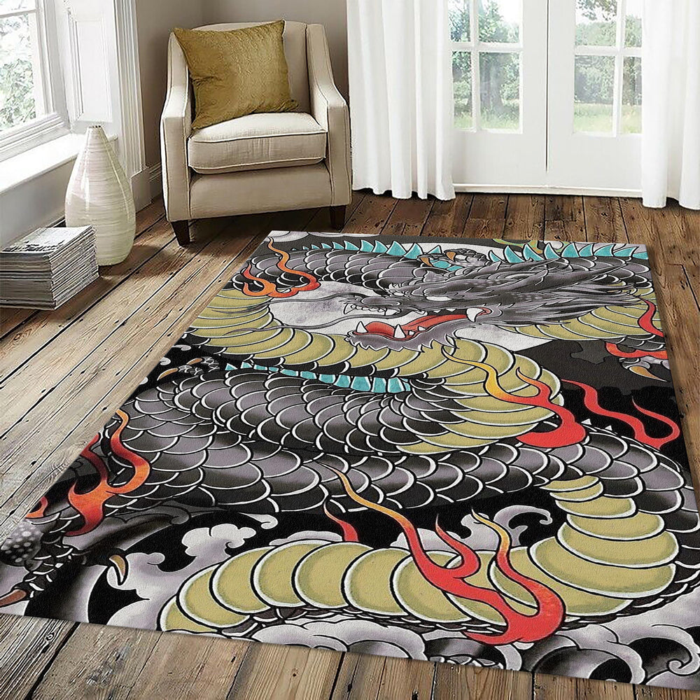 Japanese Irezumi Dragon Tattoo Rug Oriental Black & Olive Green
