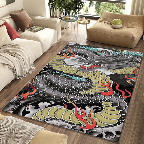 Japanese Irezumi Dragon Tattoo Rug Oriental Black & Olive Green