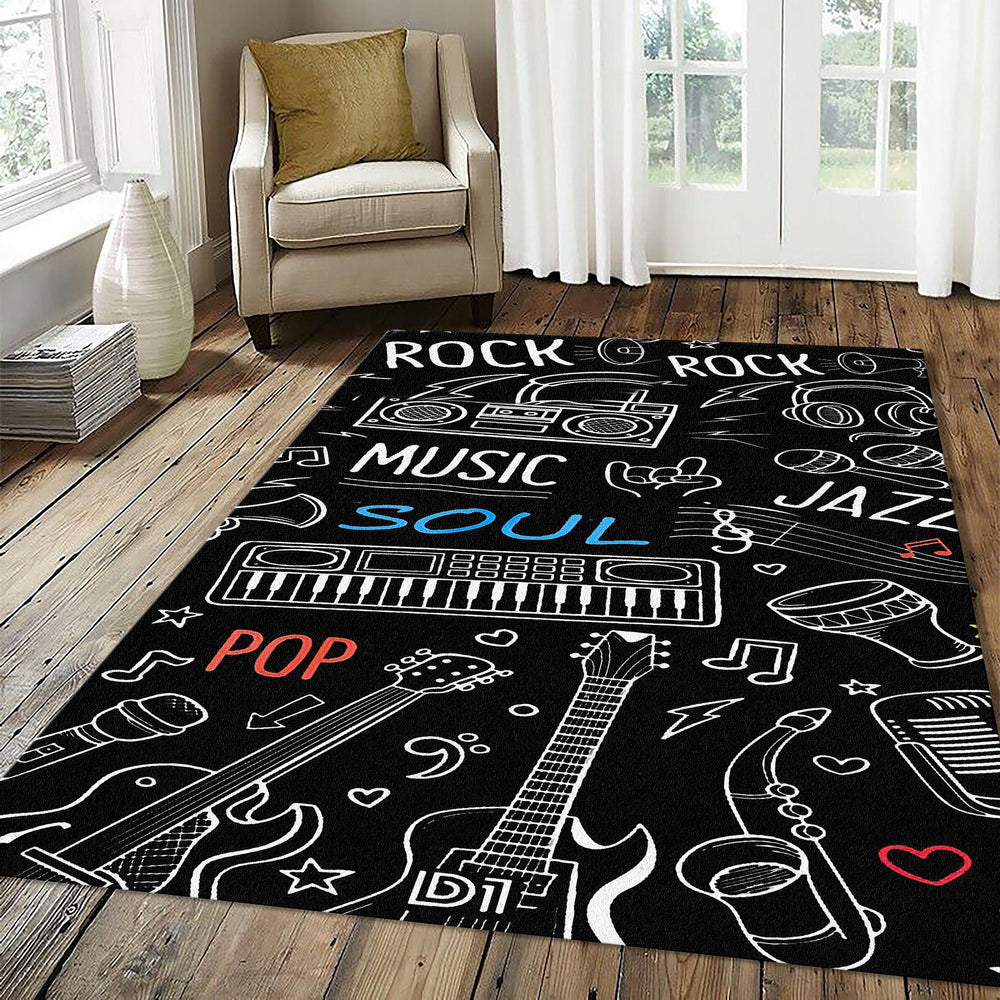 High Contrast Music Doodle Rug Black White Line Art Instruments