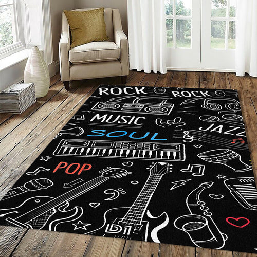High Contrast Music Doodle Rug Black White Line Art Instruments
