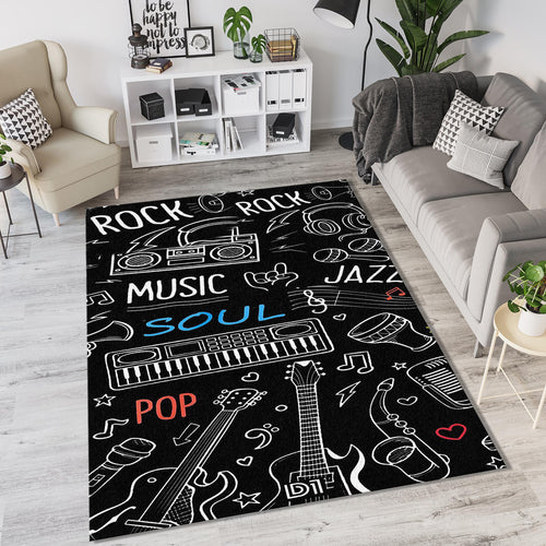 High Contrast Music Doodle Rug Black White Line Art Instruments