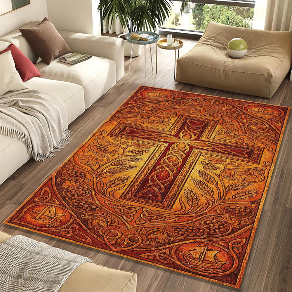 Ornate Celtic Cross Rug Medieval Knotwork & Spiritual Symbols Mat