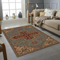 Traditional Geometric Cross Rug Muted Dusty Blue Teal & Burgundy