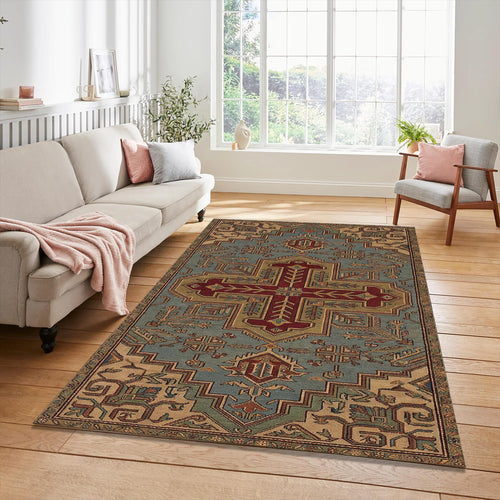 Traditional Geometric Cross Rug Muted Dusty Blue Teal & Burgundy