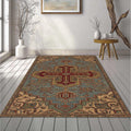 Traditional Geometric Cross Rug Muted Dusty Blue Teal & Burgundy