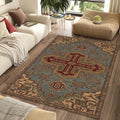 Traditional Geometric Cross Rug Muted Dusty Blue Teal & Burgundy