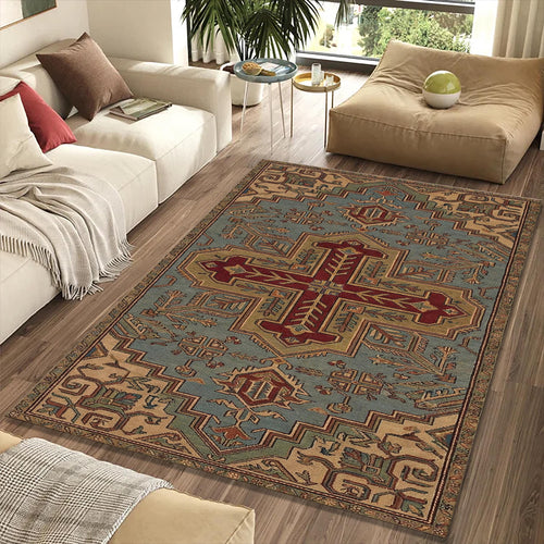 Traditional Geometric Cross Rug Muted Dusty Blue Teal & Burgundy