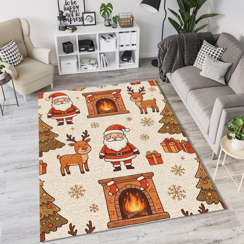 Cozy Cartoon Santa Reindeer Rug Hand-Drawn Fireplace Christmas