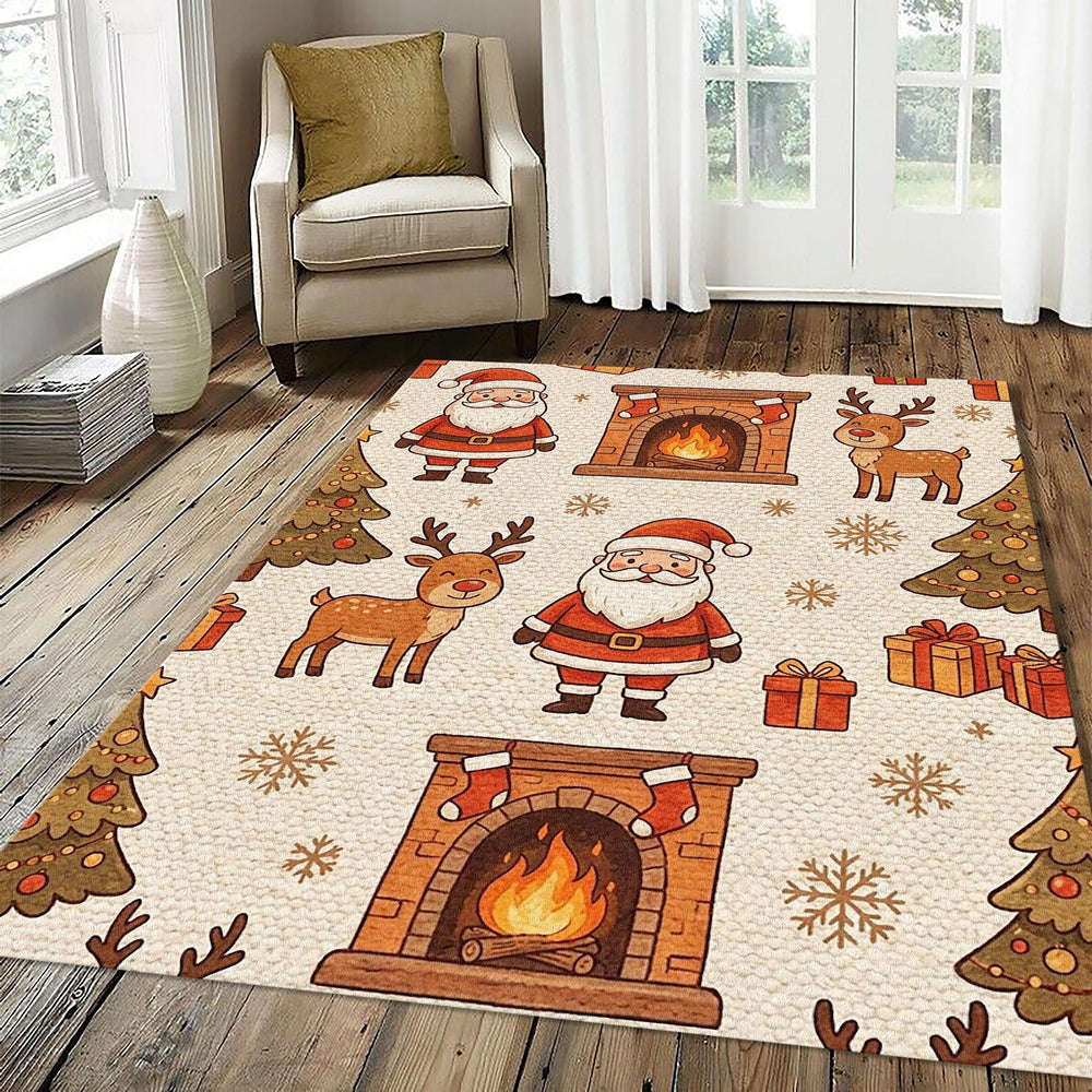 Cozy Cartoon Santa Reindeer Rug Hand-Drawn Fireplace Christmas