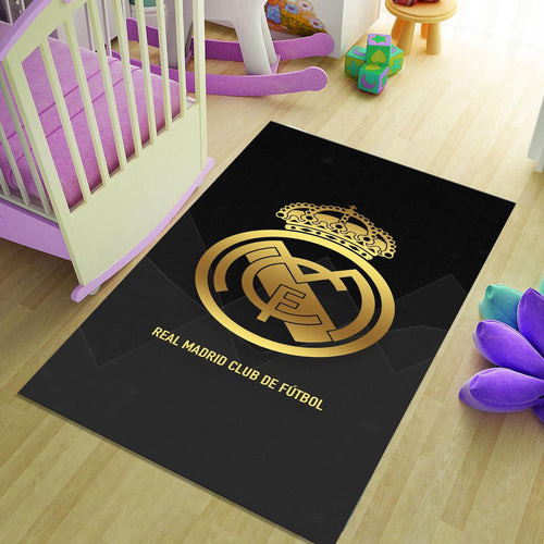 Real Madrid Crest Rug Luxury Man Cave Black & Gold Minimalist Mat