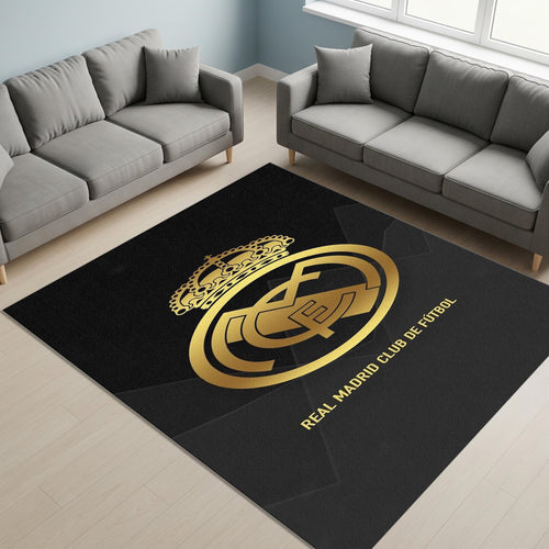 Real Madrid Crest Rug Luxury Man Cave Black & Gold Minimalist Mat