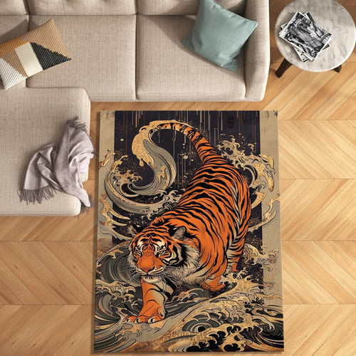 Japanese Tiger Ukiyo-e Rug Living Room Decor Non-Slip Washable