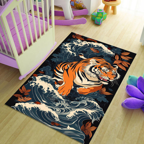 Japanese Tiger Waves Rug Living Room Decor Non-Slip Washable Mat