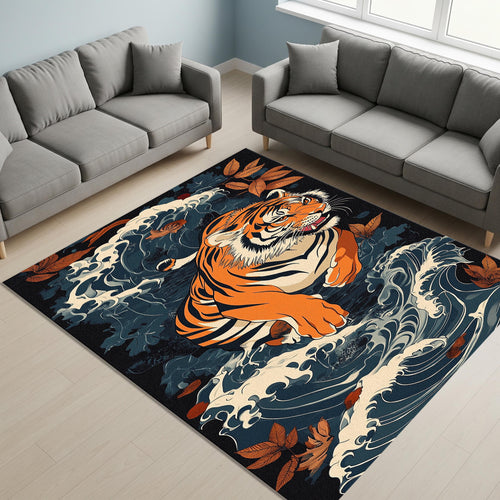 Japanese Tiger Waves Rug Living Room Decor Non-Slip Washable Mat