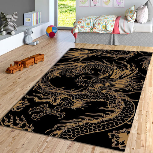 Golden Asian Dragon Rug Man Cave Office Decor Non-Slip Washable