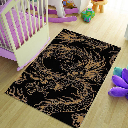 Golden Asian Dragon Rug Man Cave Office Decor Non-Slip Washable