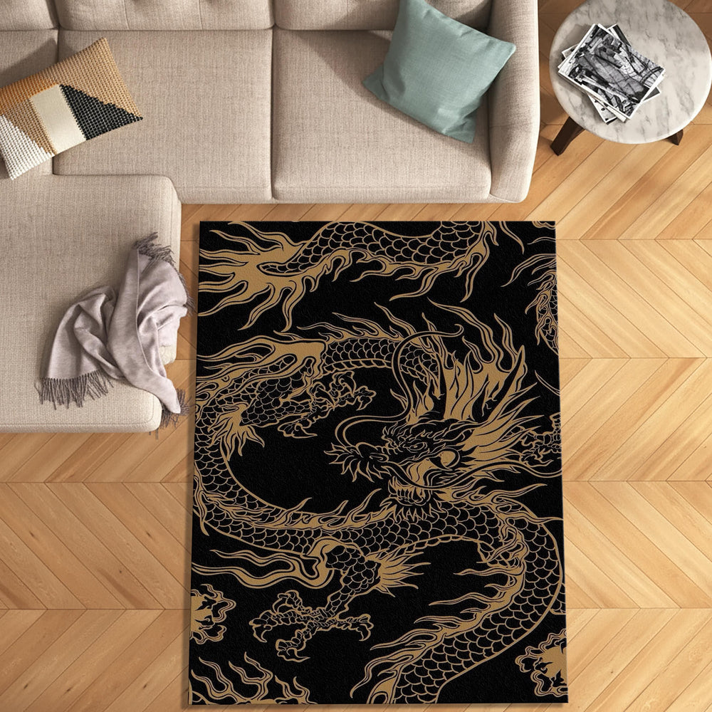 Golden Asian Dragon Rug Man Cave Office Decor Non-Slip Washable