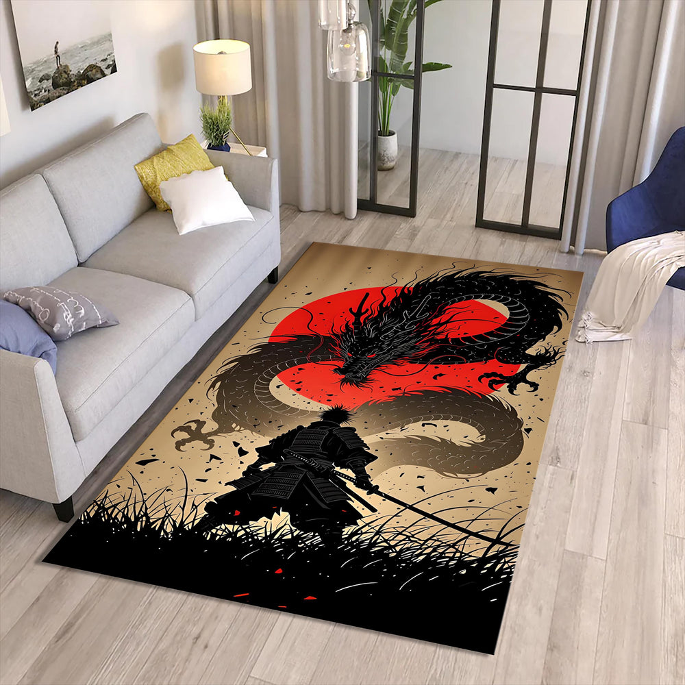 Samurai vs Dragon Rug Man Cave Gaming Room Decor Machine Washable