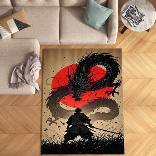 Samurai vs Dragon Rug Man Cave Gaming Room Decor Machine Washable