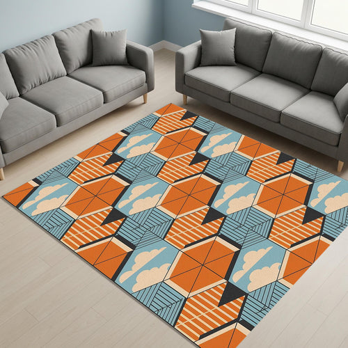 Retro Isometric Clouds Rug Geometric Orange Blue Living Room