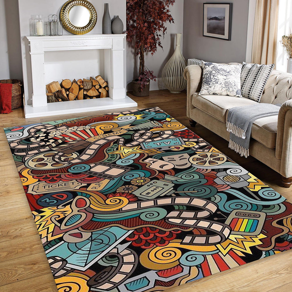 Cinema Doodle Pattern Rug Home Theater Media Room Decor Non-Slip