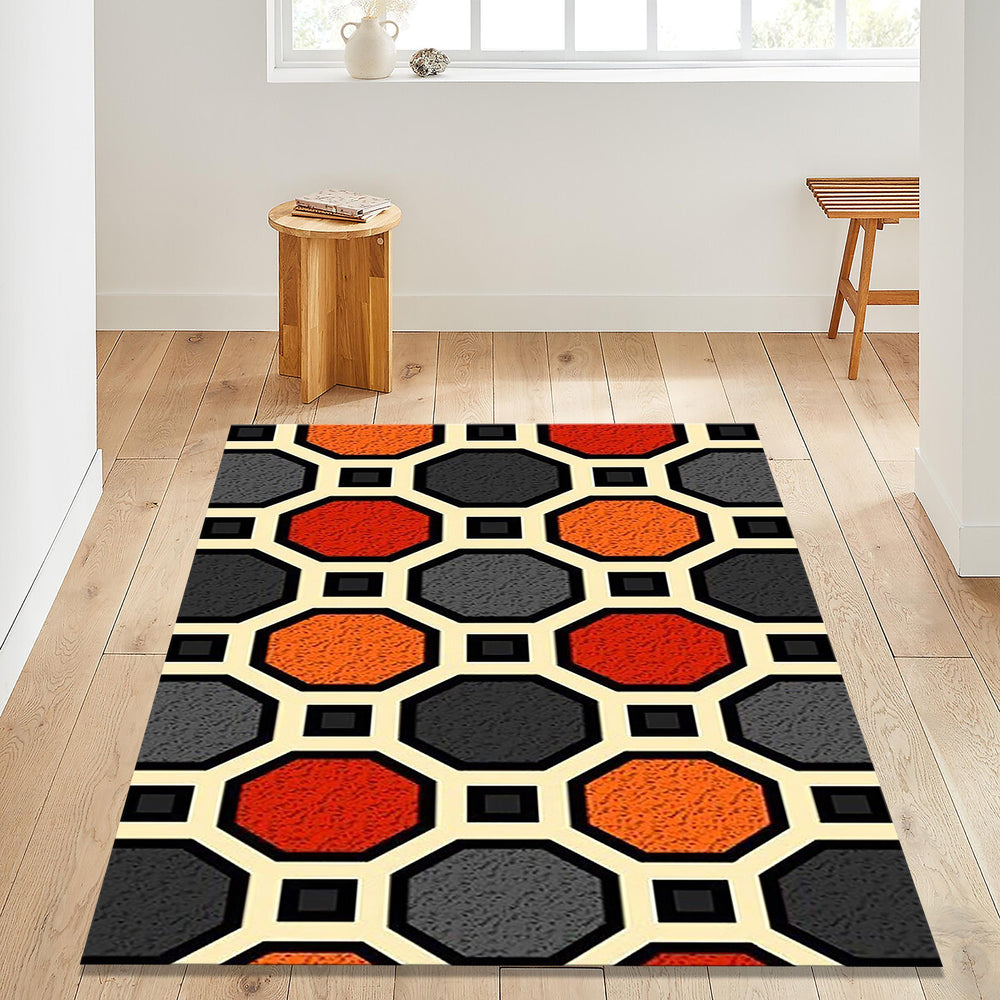 Retro Octagon Tile Pattern Rug Orange Grey Geometric Kitchen Mat