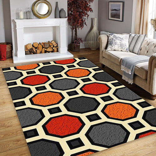Retro Octagon Tile Pattern Rug Orange Grey Geometric Kitchen Mat