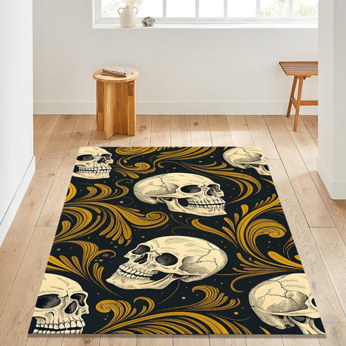 Gothic Skull Gold Scrollwork Rug Bedroom Decor Non-Slip Washable