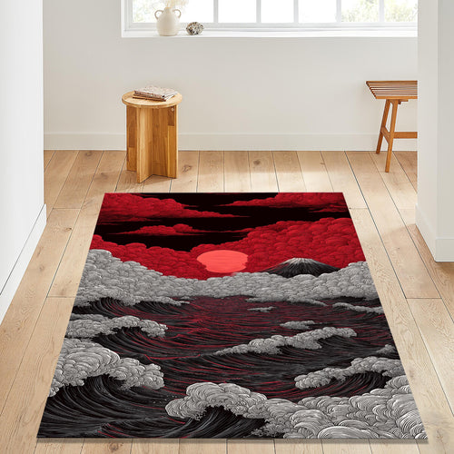 Red Sun Ukiyo-e Wave Rug Man Cave Living Room Decor Non-Slip