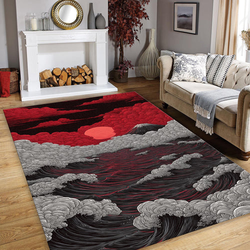 Red Sun Ukiyo-e Wave Rug Man Cave Living Room Decor Non-Slip