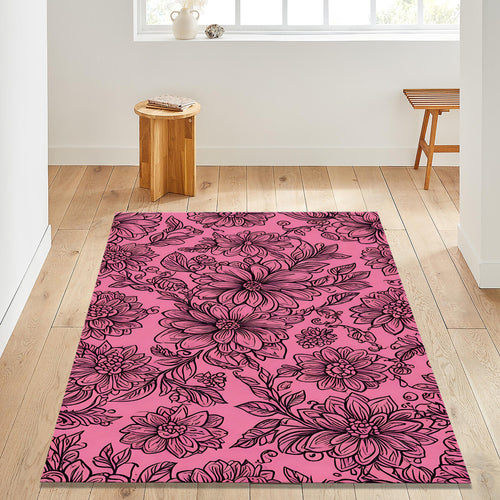 Hot Pink Floral Line Art Rug Bedroom Teen Room Decor Non-Slip