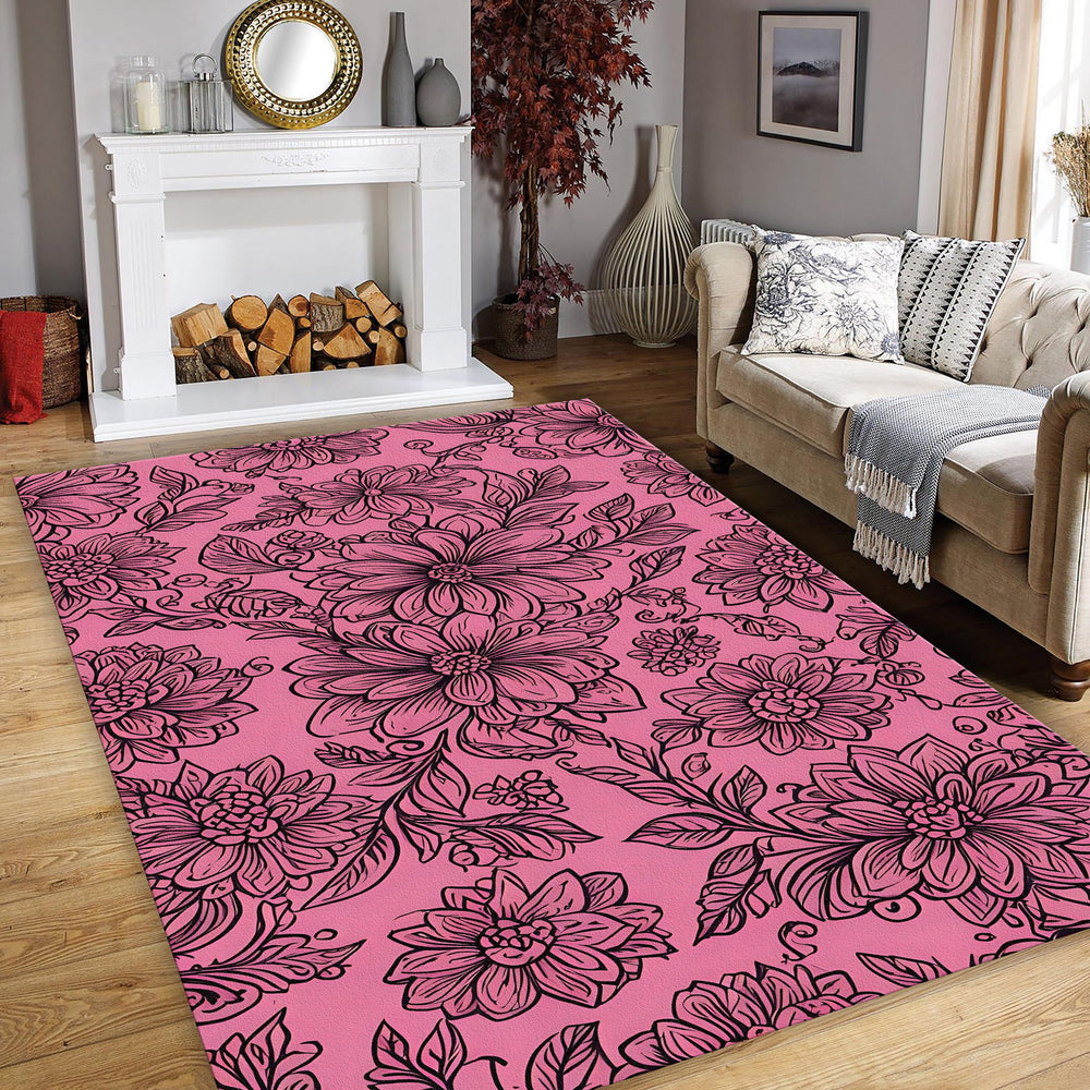 Hot Pink Floral Line Art Rug Bedroom Teen Room Decor Non-Slip