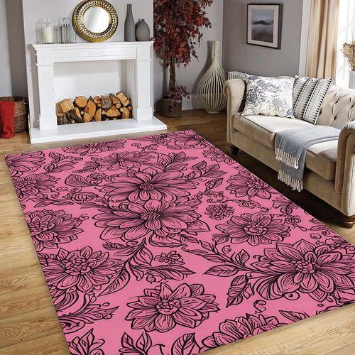 Hot Pink Floral Line Art Rug Bedroom Teen Room Decor Non-Slip