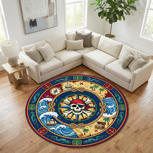 Pirate Treasure Map Kids Rug Nautical Skull Compass Play Mat