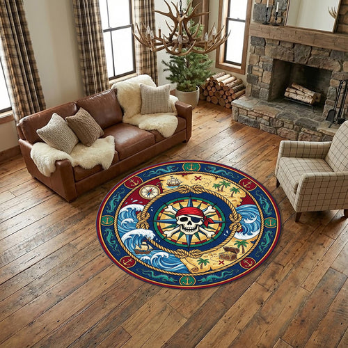 Pirate Treasure Map Kids Rug Nautical Skull Compass Play Mat