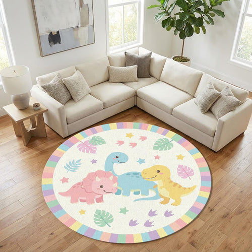 Cute Dinosaur Kids Rug Pastel Dino Nursery Rug, Round Playroom