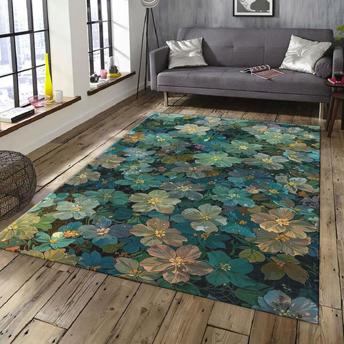 Green Floral Rug, Sage and Teal Wildflowers