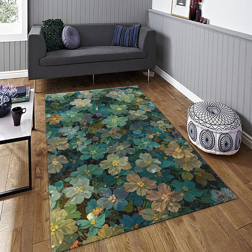 Green Floral Rug, Sage and Teal Wildflowers