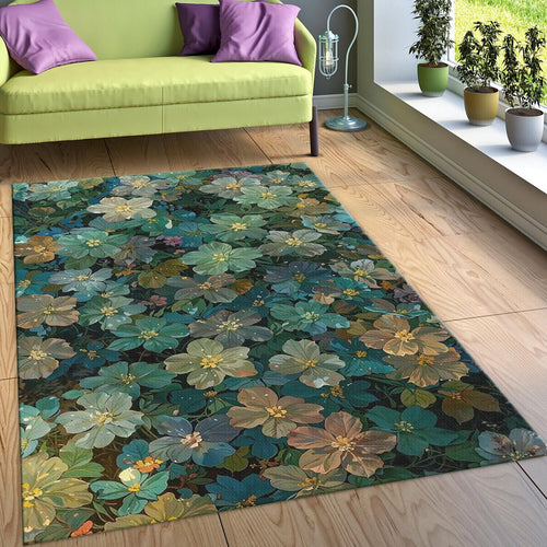 Green Floral Rug, Sage and Teal Wildflowers