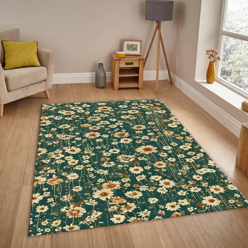 Green Daisy Rug, Ditsy Floral Pattern