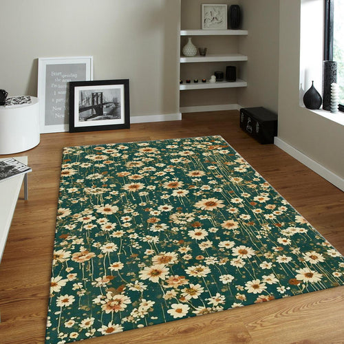 Green Daisy Rug, Ditsy Floral Pattern