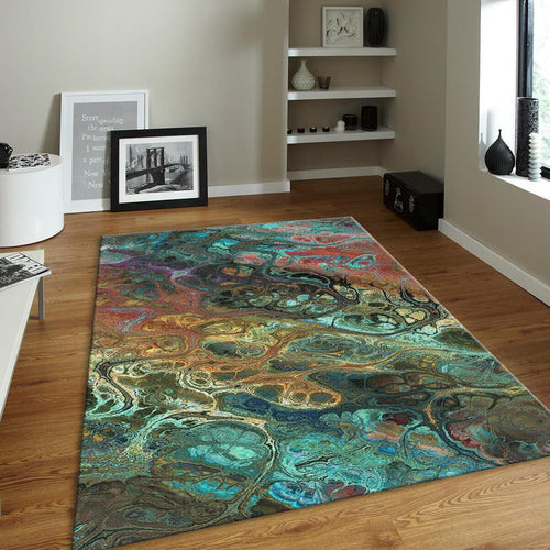 Teal and Copper Rug, Abstract Fluid Art