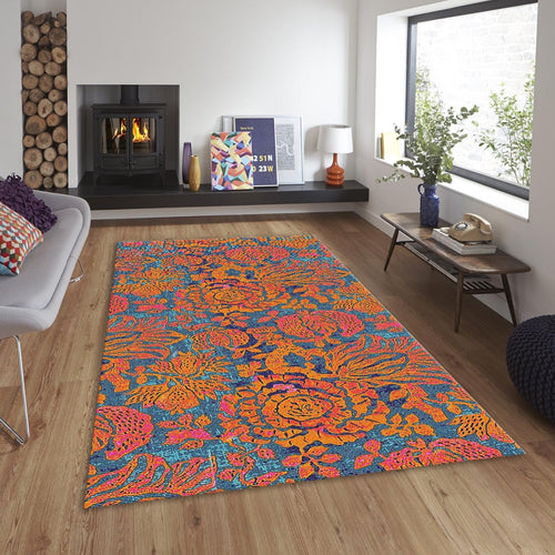 Vintage Floral Rug, Orange and Teal Decor