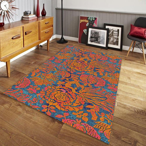 Vintage Floral Rug, Orange and Teal Decor