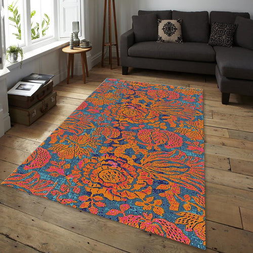 Vintage Floral Rug, Orange and Teal Decor