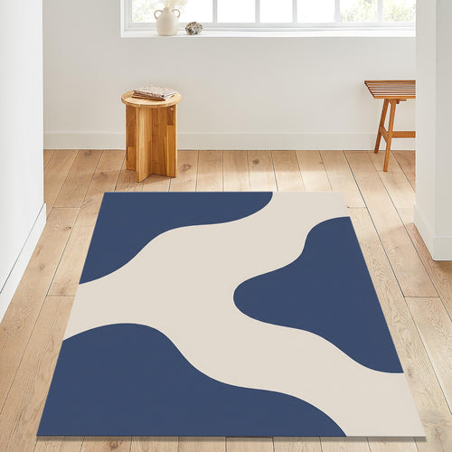 Abstract Modern Area Rug, Navy Blue Beige Printed Rug, Minimal