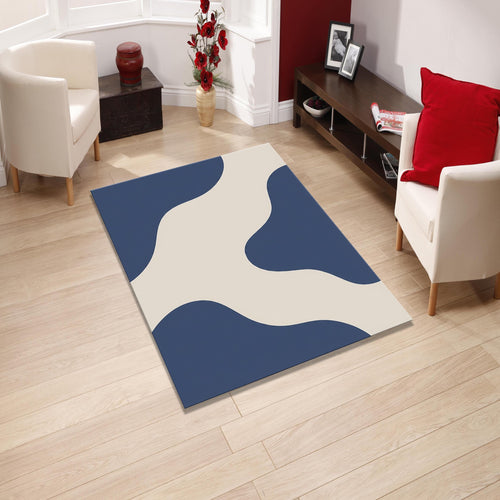 Abstract Modern Area Rug, Navy Blue Beige Printed Rug, Minimal