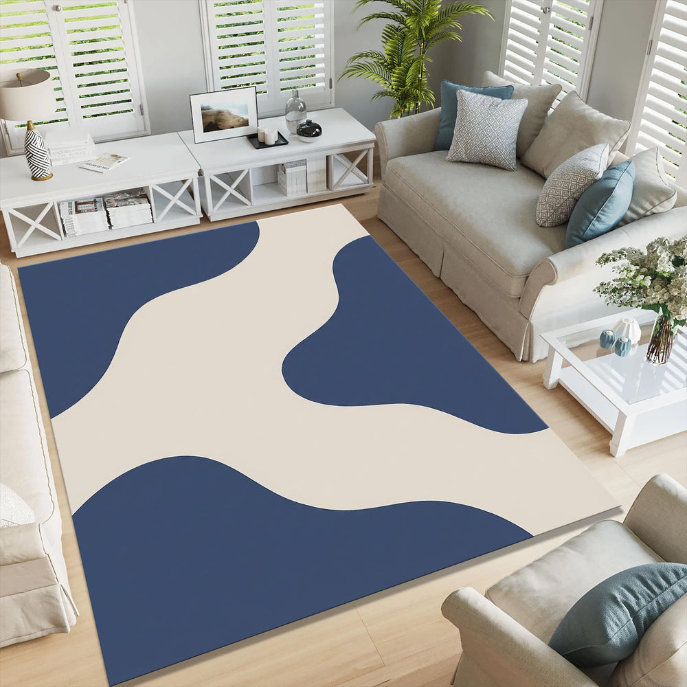 Abstract Modern Area Rug, Navy Blue Beige Printed Rug, Minimal