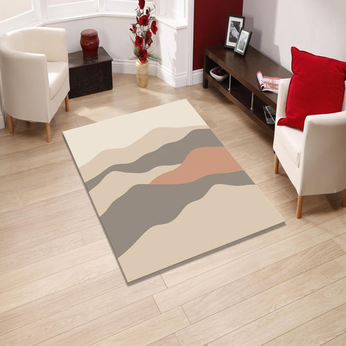 Abstract Neutral Wave Area Rug, Modern Printed Rug in Beige &