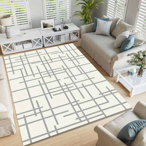 Geometric Line Pattern Area Rug, Modern Neutral Printed Rug, Mid